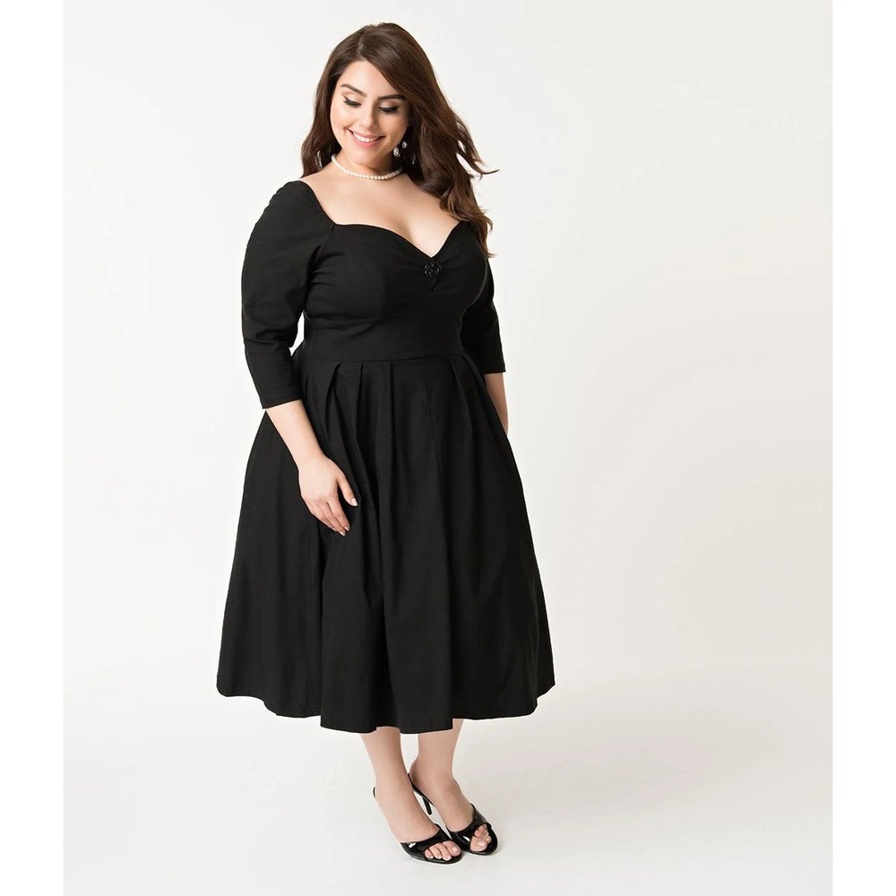 Unique Vintage Women Dress 1X/16 Black Lamar Sweetheart Swing 1950s Retro